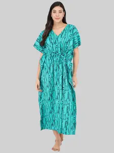 Shararat Cotton Printed Women's Kaftan Nighty/Night Gown/Night Dress - Free Size (Green)