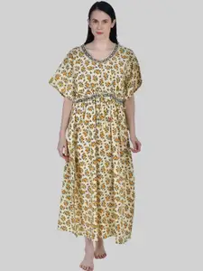 Shararat Women's  Yellow Printed Maxi Nightdress