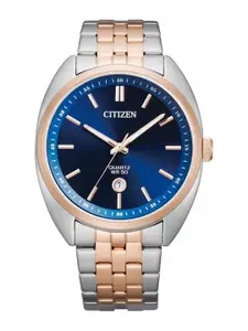 Citizen Men Blue Dial & Rose Gold Toned Stainless Steel Bracelet Style Straps Analogue Watch