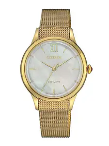 Citizen Women Multicoloured Embellished Dial & Gold Toned Stainless Steel Bracelet Style Straps Analogue Watch
