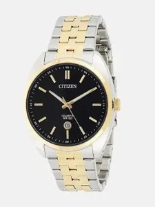 Citizen Men Black Dial & Gold Toned Stainless Steel Bracelet Style Straps Analogue Watch