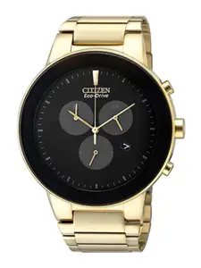 Citizen Men Black Printed Dial & Gold Toned Stainless Steel Bracelet Style Straps Analogue Automatic Light Watch