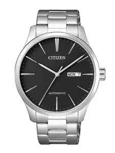 Citizen Men Black Dial & Silver Toned Stainless Steel Bracelet Style Straps Analogue Automatic Motion Watch