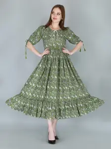 KALINI Green Ethnic Motifs Midi A-Line Dress
