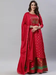 SheWill Women Red Floral Embroidered Kurta with Skirt &  Dupatta