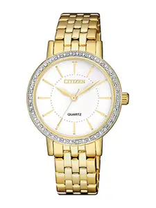 Citizen Women White Embellished Dial & Gold Toned Stainless Steel Bracelet Style Straps Analogue Watch