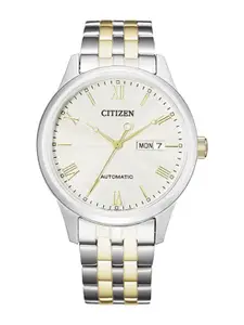 Citizen Men White Patterned Dial & Silver Toned Stainless Steel Bracelet Style Straps Analogue Automatic Watch