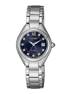 Citizen Women Blue Embellished Dial & Silver Toned Stainless Steel Bracelet Style Straps Analogue Automatic Watch