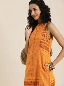 Taavi Yellow & Maroon Woven Legacy Pure Cotton A-Line Midi Dress