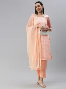 KALINI Peach-Coloured Embroidered Unstitched Dress Material