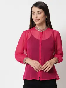 studio rasa Pink Mandarin Collar Georgette Sequin Embroidered Sheer Shirt Style Top