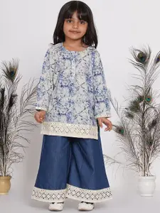 Little Bansi Girls Blue Floral Printed Kurta with Sharara & Nehru Jacket