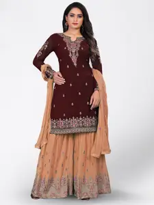 Divine International Trading Co Brown & Peach-Coloured Embroidered Unstitched Dress Material