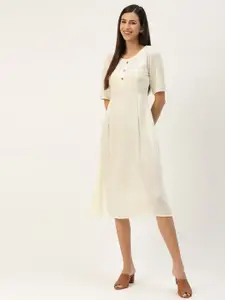 BRINNS Cream-Coloured Solid A-Line Midi Dress