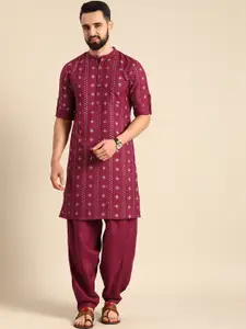 Anouk Men Red & White Printed Roll-Up Sleeves Kurta with Salwar