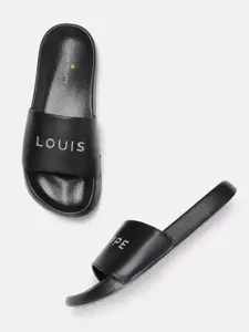 Louis Philippe Men Black & Gold-Toned Brand Logo Thread Embroidered Sliders