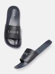 Louis Philippe Men Navy Blue & Silver-Toned Brand Logo Thread Embroidered Sliders