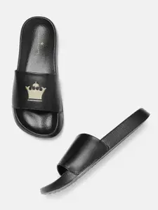 Louis Philippe Men Black & Silver-Toned Brand Logo Thread Embroidered Sliders