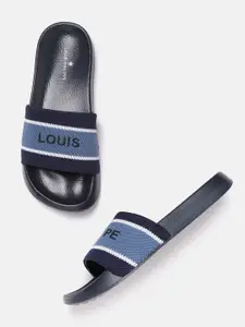 Louis Philippe Men Blue & White Brand Log Striped Woven Design Sliders