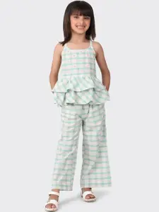 Fabindia Girls White & Turquoise Blue Checked Pure Cotton Top with Palazzos