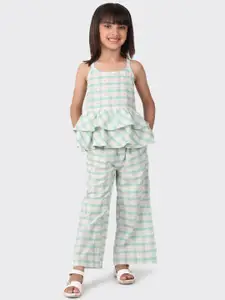 Fabindia Girls White & Green Checked Cotton Top with Palazzos