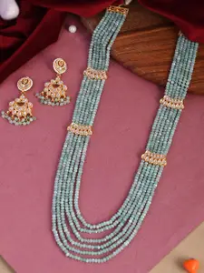 DASTOOR Green & Gold-Plated Kundan With Semiprecious Stone Necklace Set
