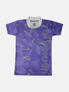 TINY HUG Boys Purple Typography Printed Mandarin Collar Dri-FIT T-shirt