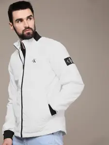 Calvin Klein Jeans Men White Brand Logo Printed Mock-Collar Puffer Jacket