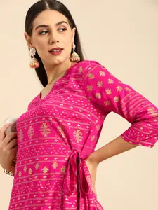 Anouk Women Pink & Gold-Toned Striped Straight Kurta