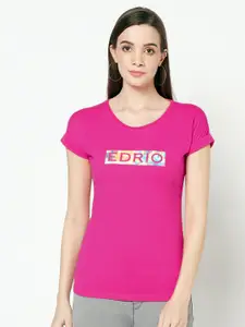 EDRIO Women Pink Typography Printed Extended Sleeves Pure Cotton T-shirt