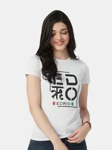 EDRIO Women White Typography Printed Pure Cotton T-shirt