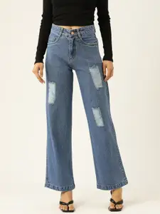 BROOWL Women Blue Wide Leg High-Rise Mildly Distressed Light Fade Stretchable Jeans