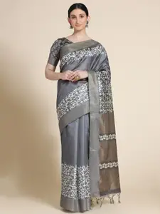 VISHNU WEAVES Grey & White Batik Silk Blend Tussar Saree