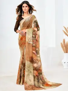SHOPGARB Brown & Orange Floral Digital Printed Saree