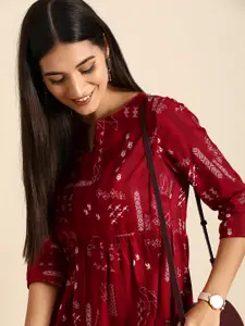 Anouk Women Red & WhiteGeometric Printed Pure Cotton Fit And Flare Midi Dress