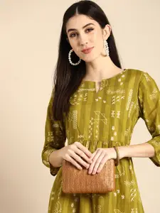 Anouk Olive Green & White Ethnic Motifs Pure Cotton A-Line Midi Dress