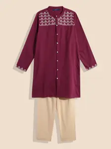 House of Pataudi Boys Yoke Design Embroidered Pure Cotton Rozana Kurta & Pyjamas