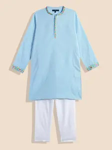 House of Pataudi Boys Floral Yoke Design Embroidered Pure Cotton Rozana Kurta & Pyjamas
