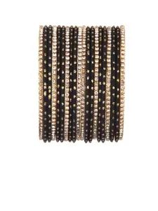 Efulgenz Women Set Of 20 Black & Gold Toned Crystal Studded Bangles