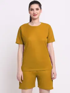 KLOTTHE Women Mustard Yellow Solid T-shirt with Short