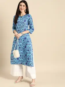 Anouk Women Blue Floral Printed Pure Cotton Straight Kurta