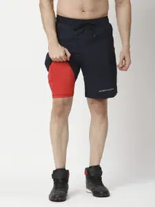AESTHETIC NATION Men Navy Blue Slim Fit 2 in 1 Compression Sports Shorts