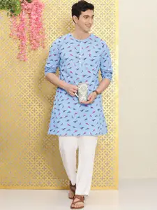 Ode by House of Pataudi Men Blue & Red Quirky Printed Pure Cotton Kurta