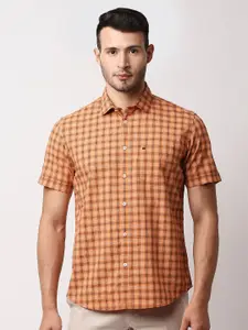 Basics Men Orange Slim Fit Gingham Checks  Casual Shirt