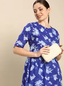 Anouk Women Blue Floral Print A-Line Dress