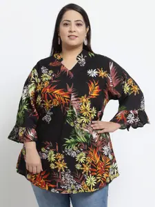 KLOTTHE Women Black Floral Print Mandarin Collar Wrap Longline Top