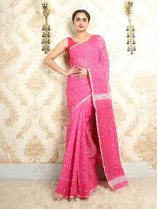 Arhi Pink & White Ethnic Motifs Silk Cotton Jamdani Saree