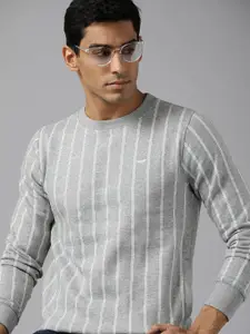 Park Avenue Men Grey Melange & White Striped Sweatshirt