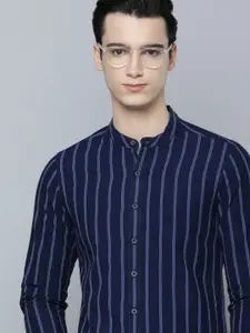 Flying Machine Indigo Mandarin Collar Vertical Stripe Cotton Casual Shirt