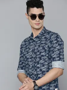 Flying Machine Men Navy Blue Printed Pure Cotton Casual Shirt